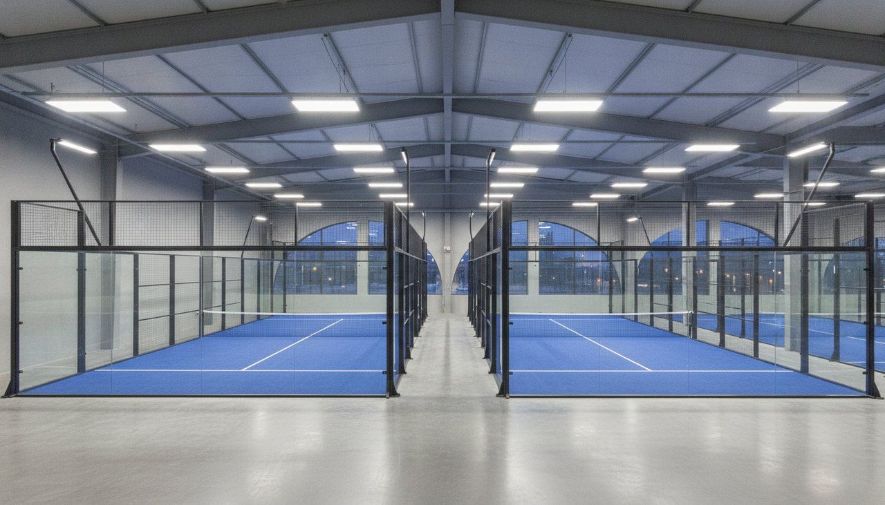 Quadras de padel cobertas, iluminadas, vistas de frente