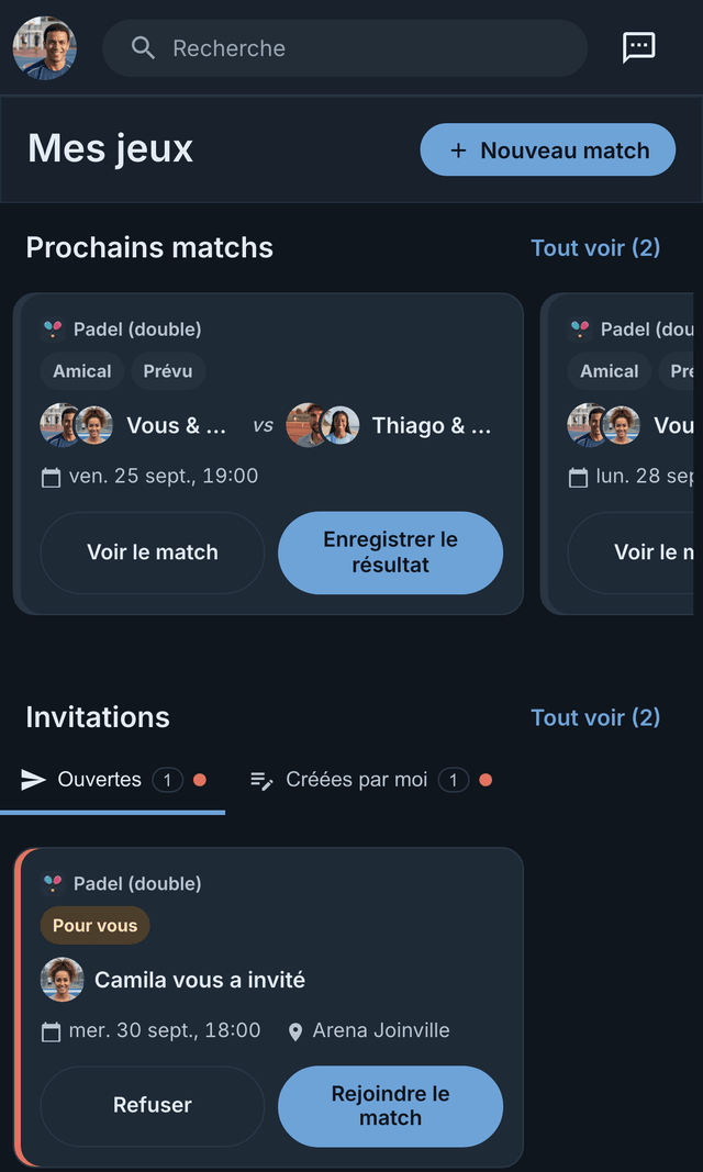Écran Mes matchs de l’app Matchely, avec deux invitations en attente de réponse et les prochains matchs