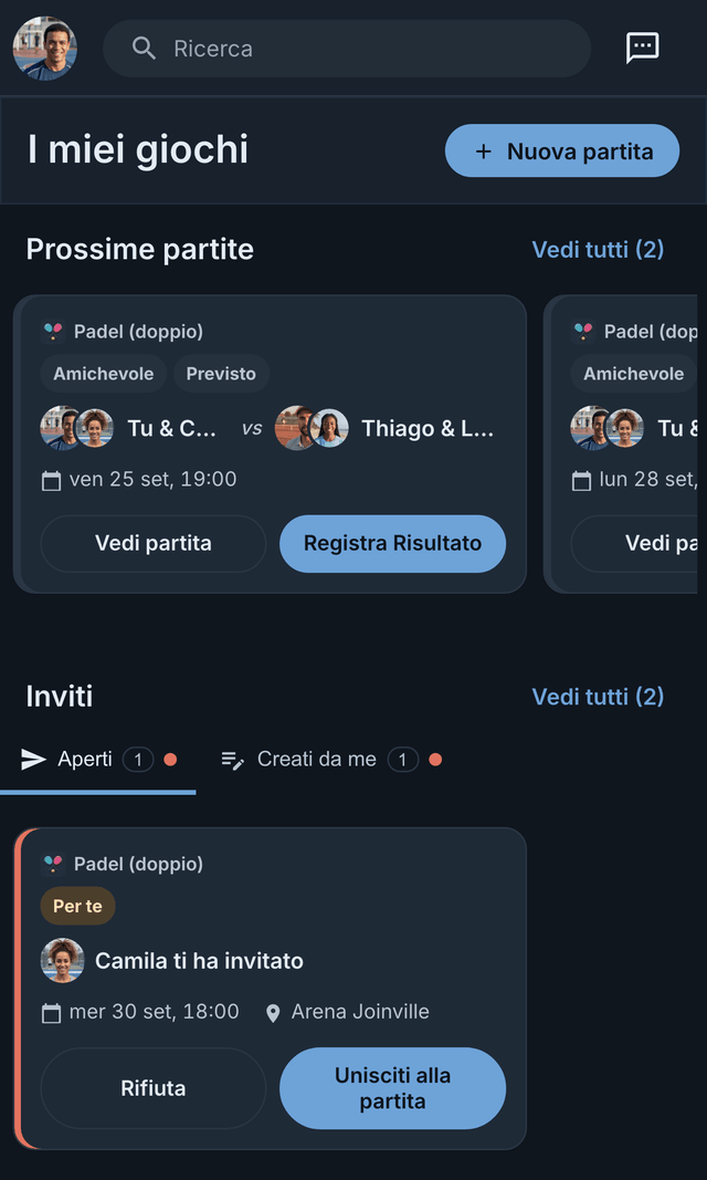 Schermata Le mie partite dell’app Matchely, con due inviti in attesa di risposta e le prossime partite