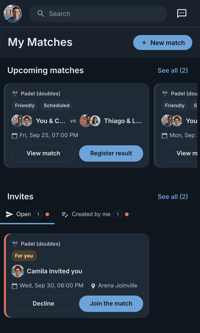 My matches screen in the Matchely app, with two invites waiting for an answer and the upcoming matches