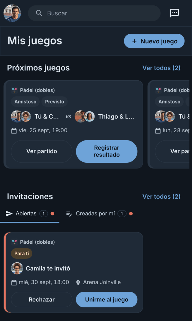 Pantalla Mis partidos de la app de Matchely, con dos invitaciones esperando respuesta y los próximos partidos