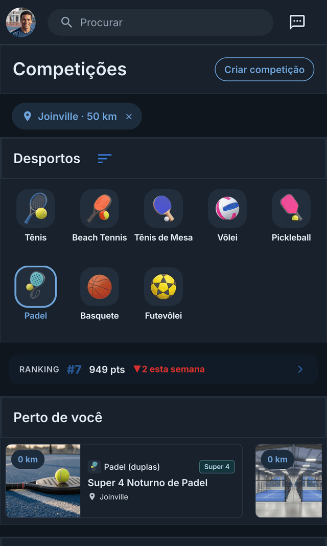 Ecrã Competições da app Matchely, com os desportos, o ranking e as competições perto de si