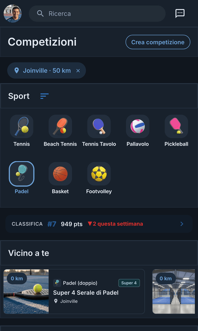 Schermata Competizioni dell’app Matchely, con gli sport, la classifica e le competizioni vicino a te
