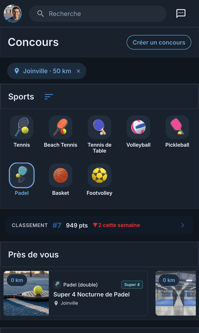 Écran Compétitions de l’app Matchely, avec les sports, le classement et les compétitions près de chez vous