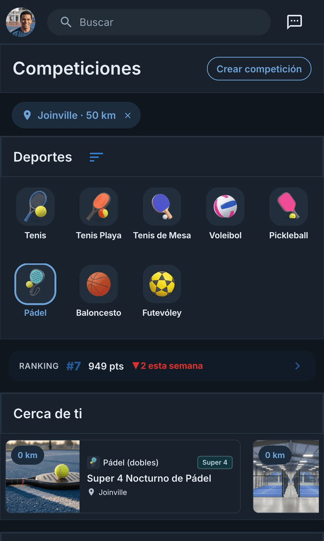 Pantalla Competiciones de la app de Matchely, con los deportes, el ranking y las competiciones cerca de ti