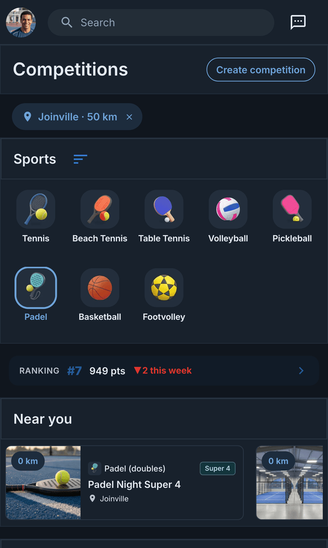 Competitions screen in the Matchely app, with sports, the ranking and competitions near you